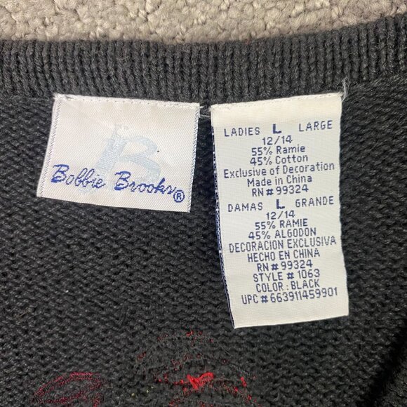 Vintage Bobbie Brooks Ugly Christmas Sweater Vest Women's Large Black Poinsettia - Picture 4 of 8